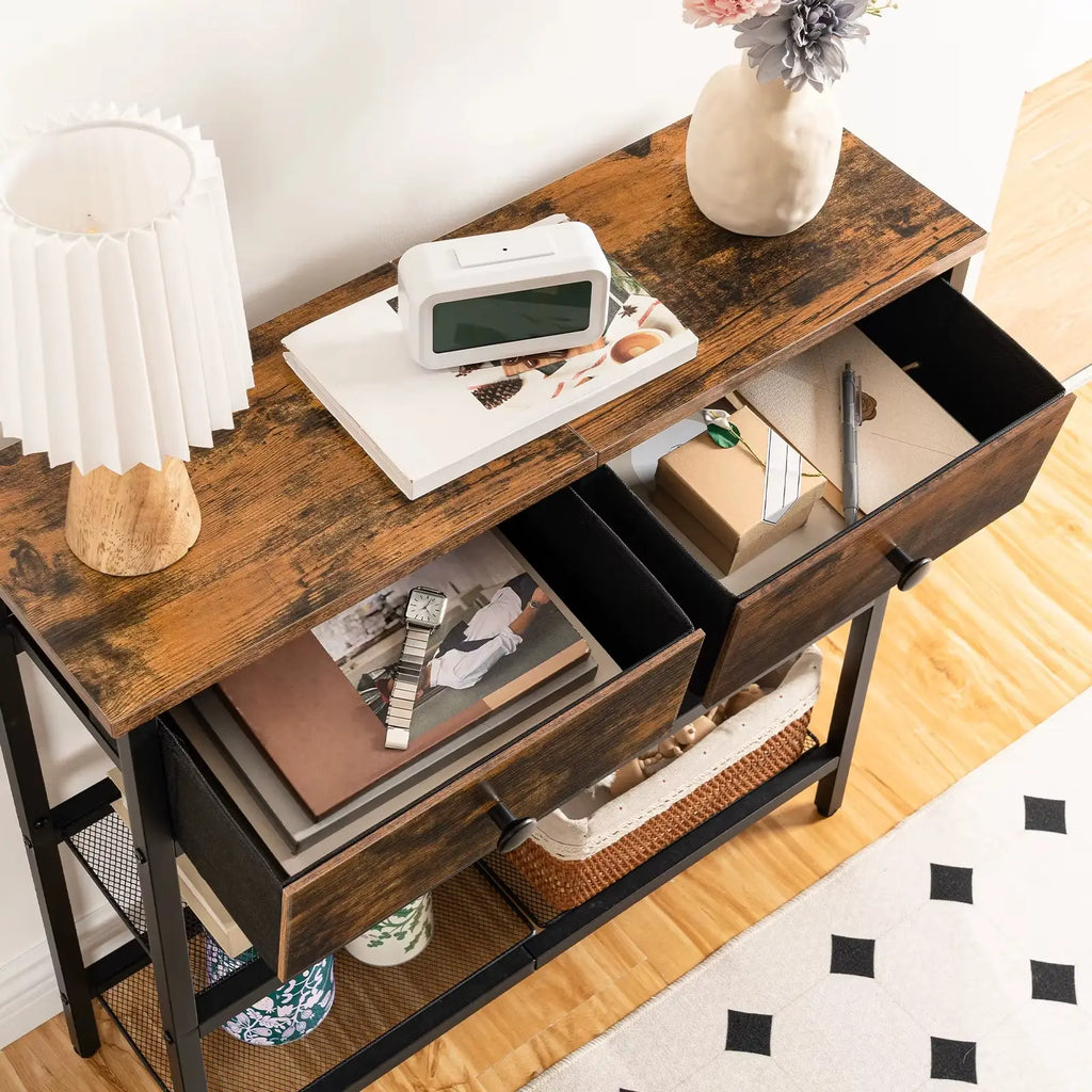 Table Console Fine avec 2 Tiroirs et Étagères