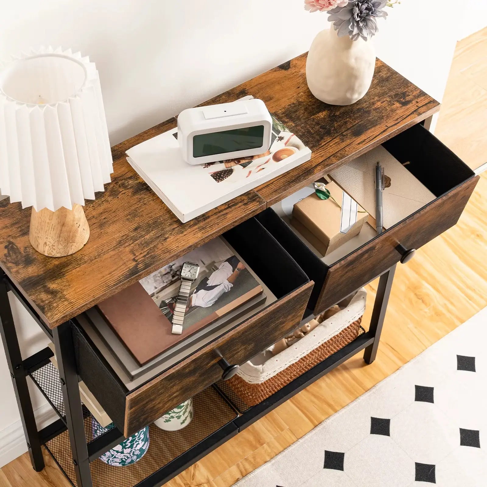 Table Console Fine avec 2 Tiroirs et Étagères