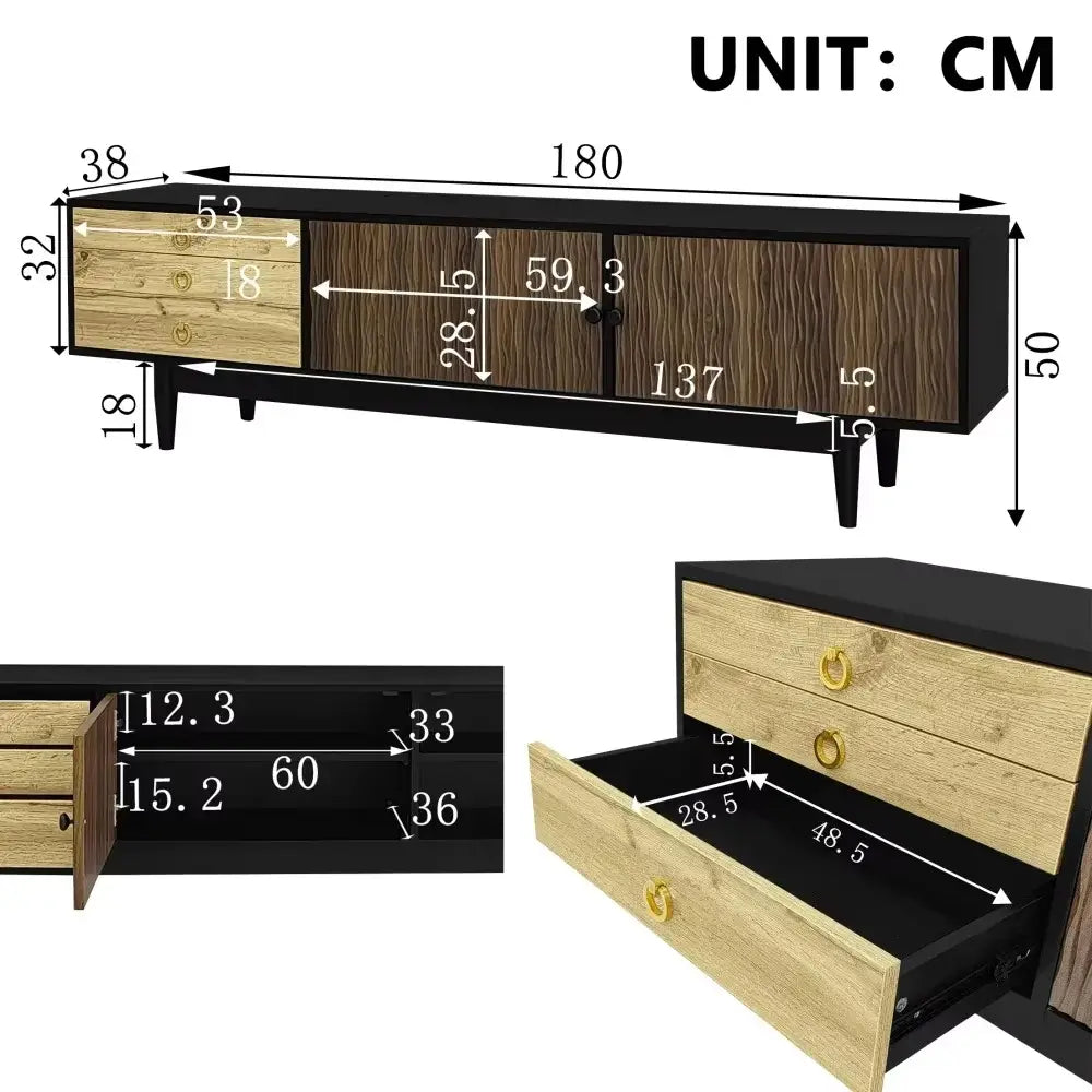 Meuble TV 180 cm bois & noir avec façades texturées