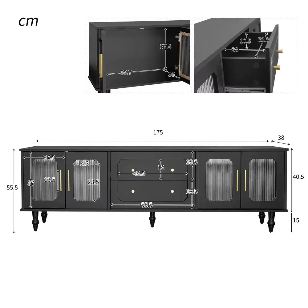 Meuble TV design noir avec verre cannelé et rangement optimal