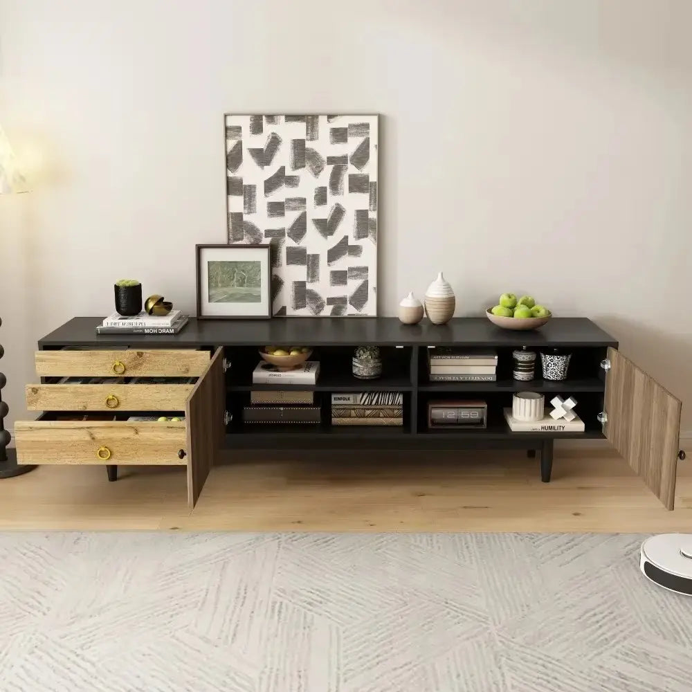 Meuble TV 180 cm bois & noir avec façades texturées