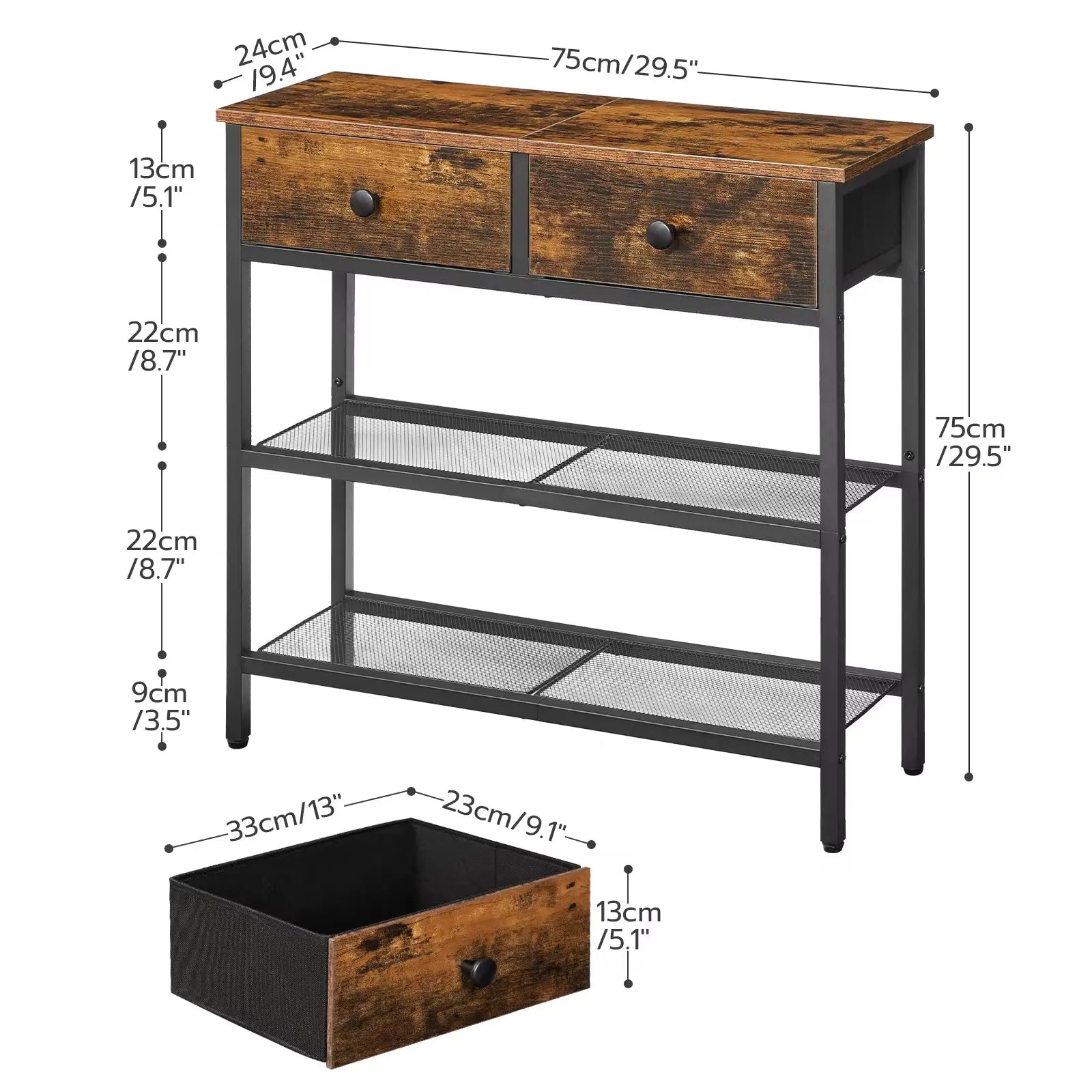 Table Console Fine avec 2 Tiroirs et Étagères