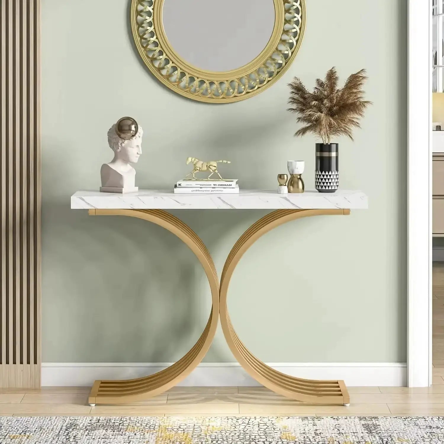 Table console effet marbre et métal doré