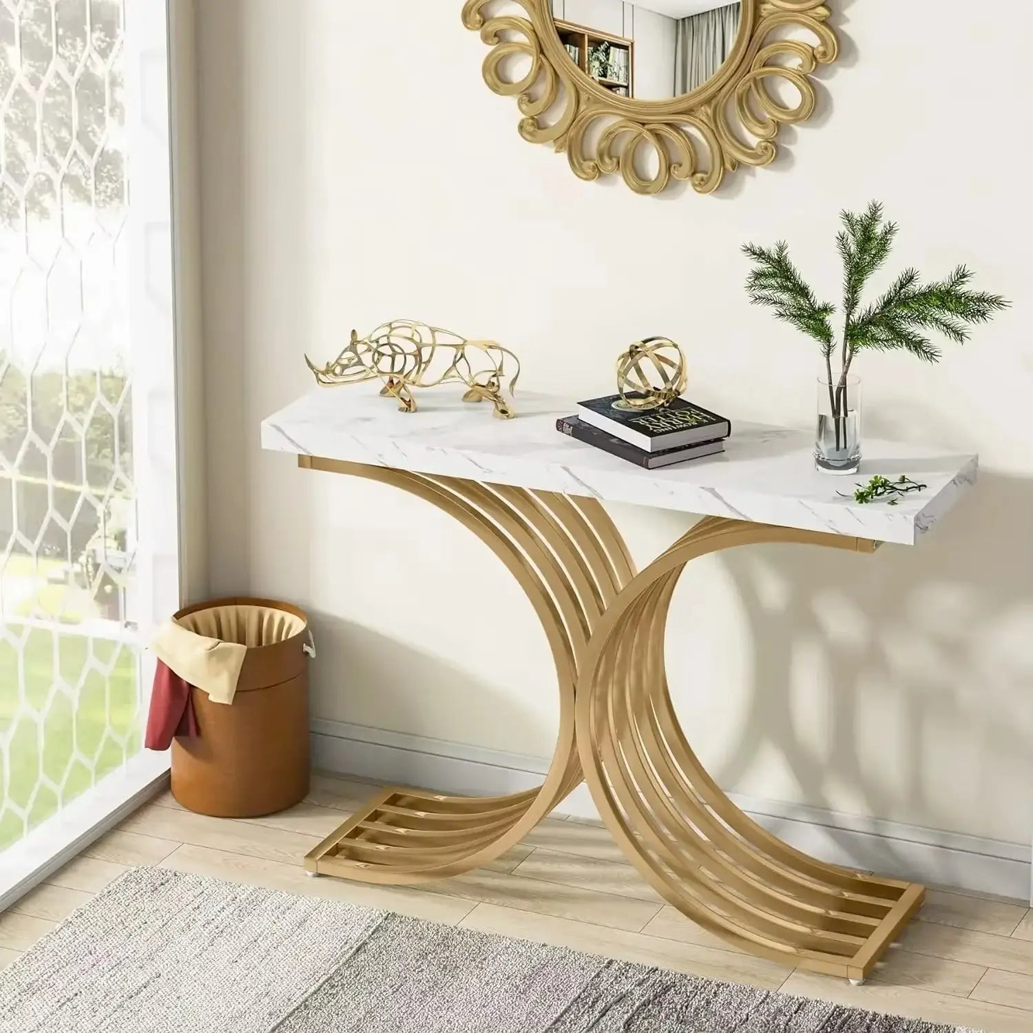 Table console effet marbre et métal doré